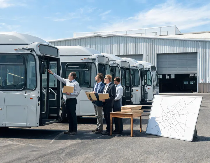 City transit buses at a fleet depot prepared for specification review