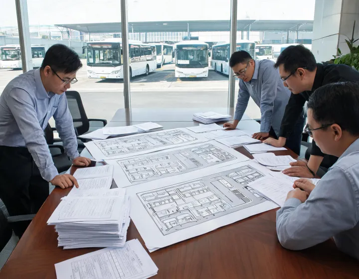 Procurement team reviewing city bus configuration sheets